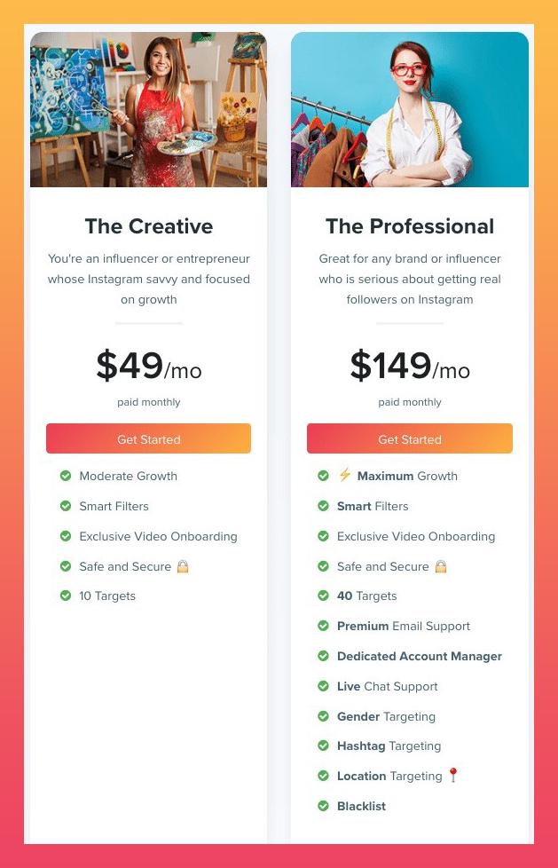 kicksta pricing page