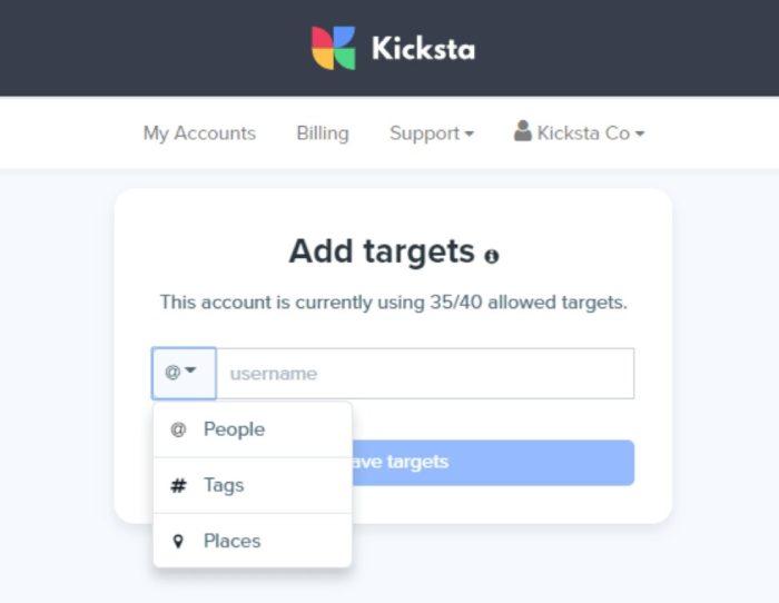 Kicksta target dashboard 