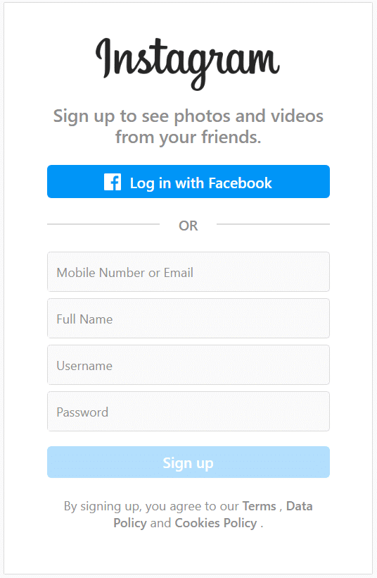 signing up for instagram