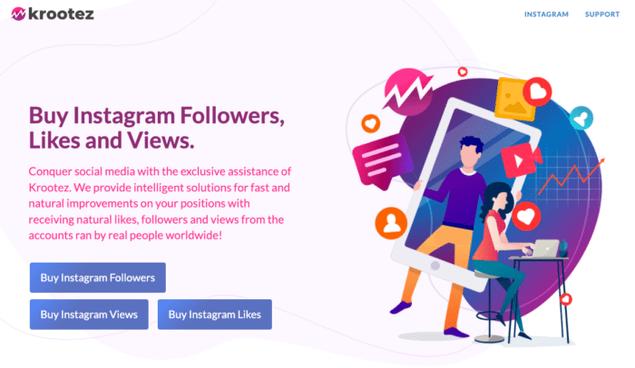 Krootez homepage where you can buy Instagram followers