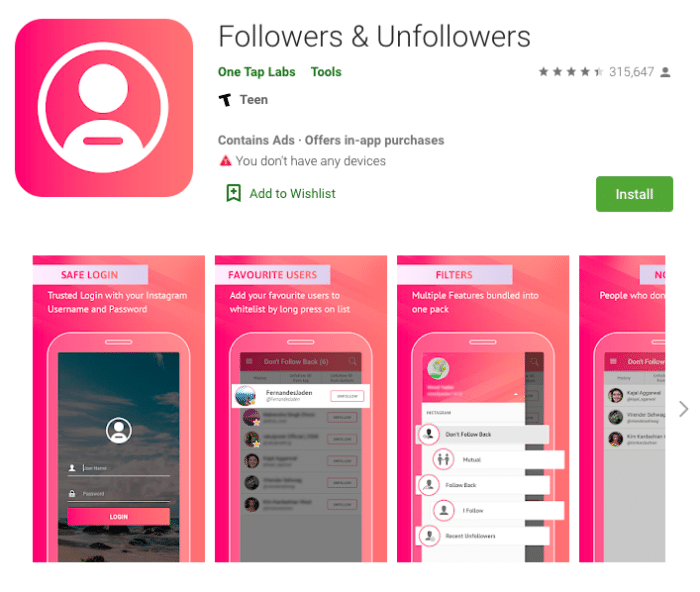 Followers & Unfollowers for Instagram app home page