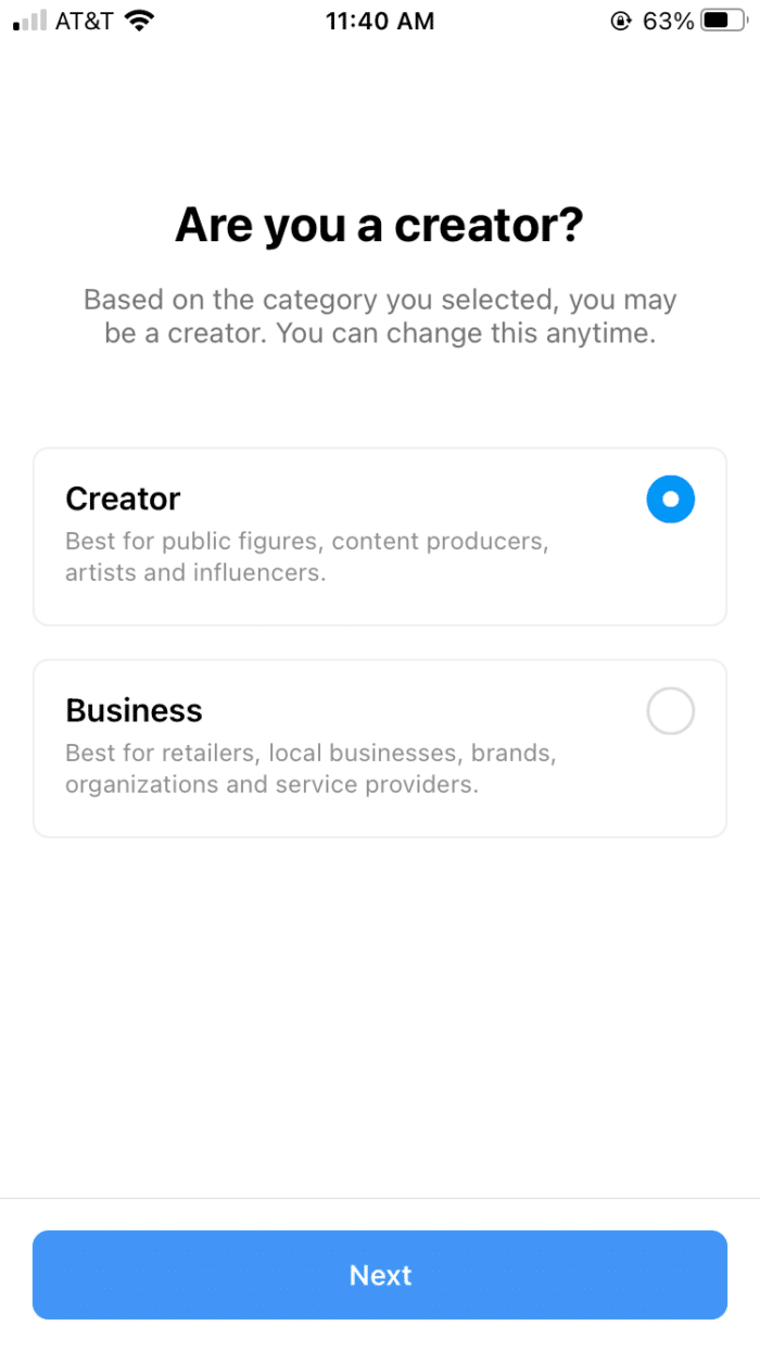 Instagram creator category option