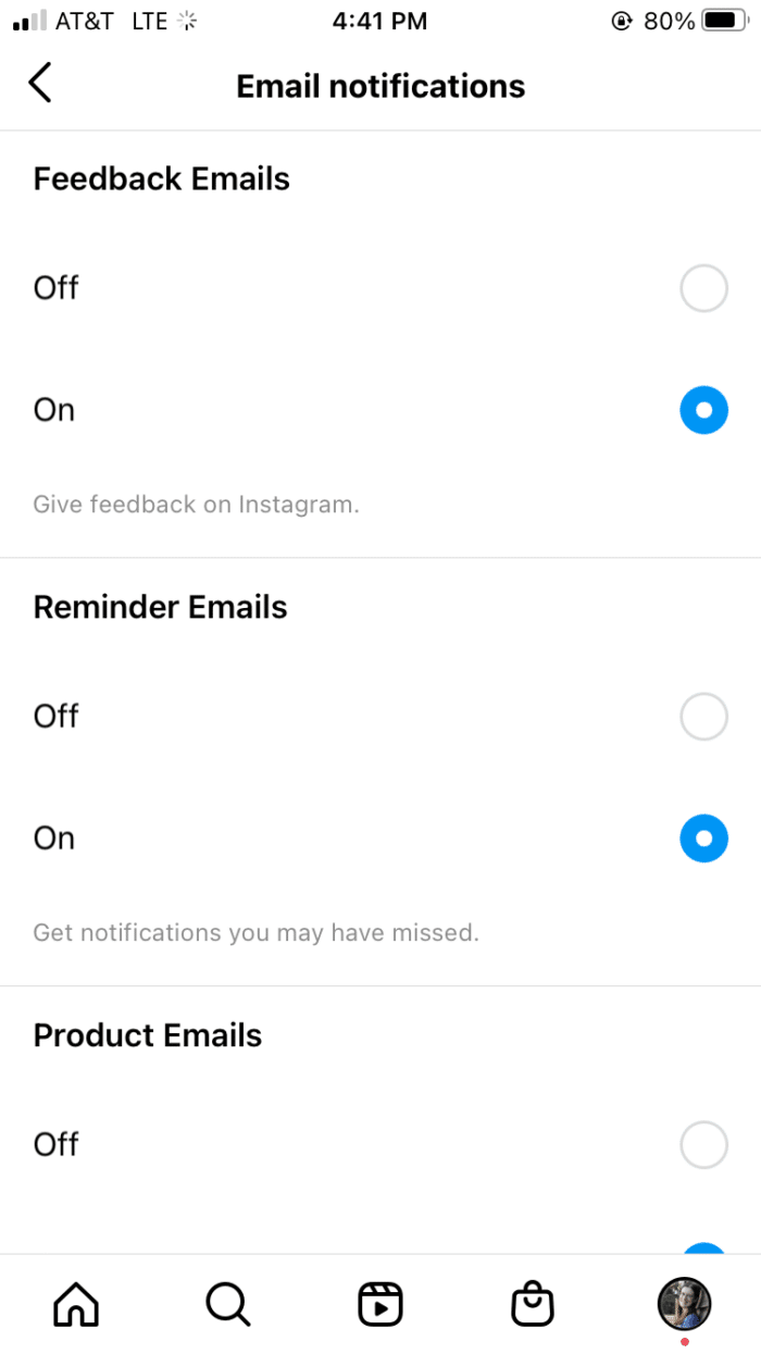 instagram screenshot of email notifications
