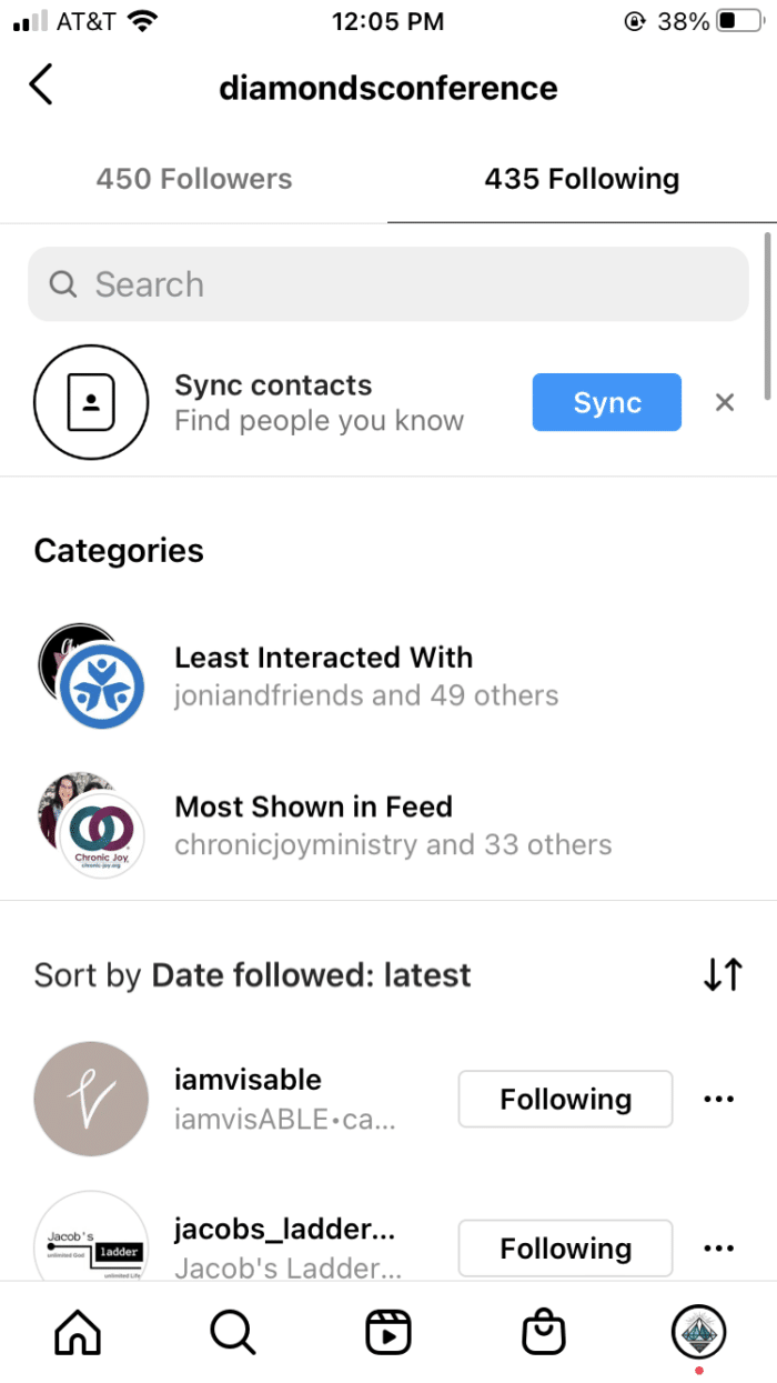 instagram "following" accounts screenshot