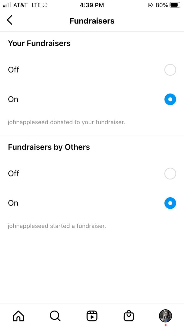 Instagram screenshot of fundraiser notifications