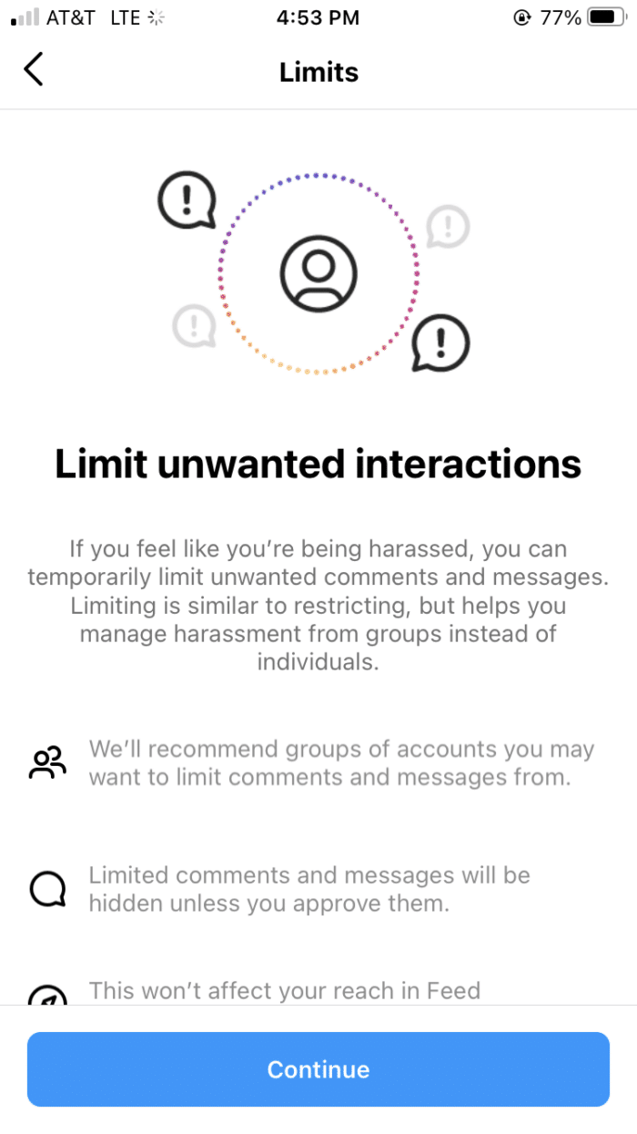 instagram screenshot of limiting unwanted interactions