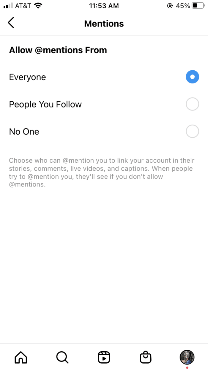 photo of Instagram mention options