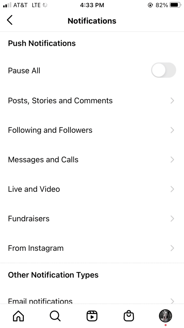 Instagram notifications set up screen