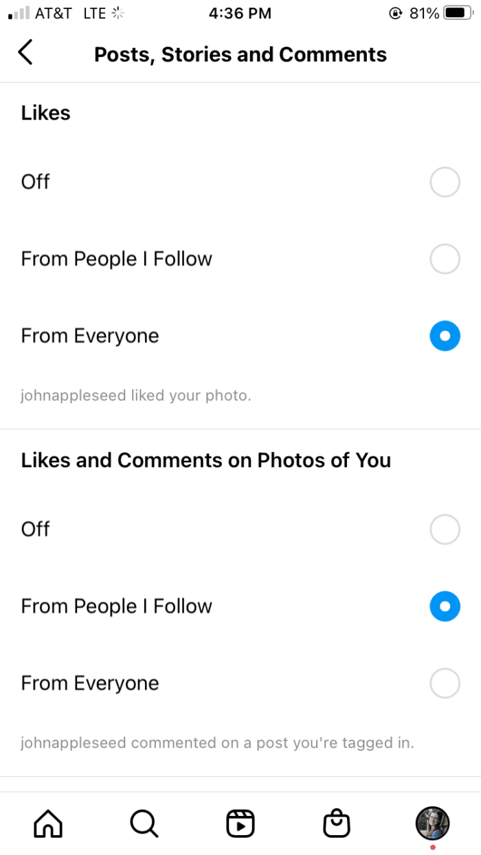 Instagram screenshot of posts, stories and comments option