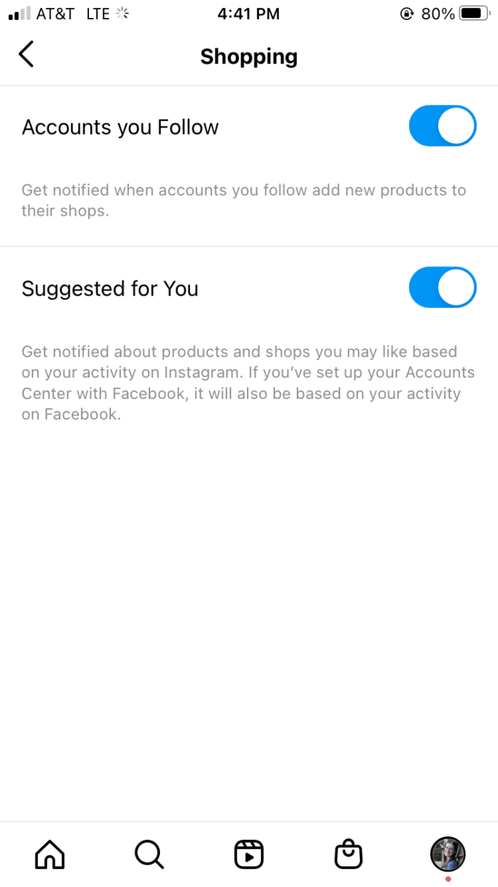 Instagram shopping toggle options
