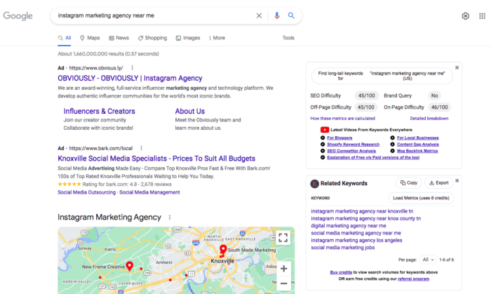 captura de tela da pesquisa de localização da agência de marketing do instagram do Google