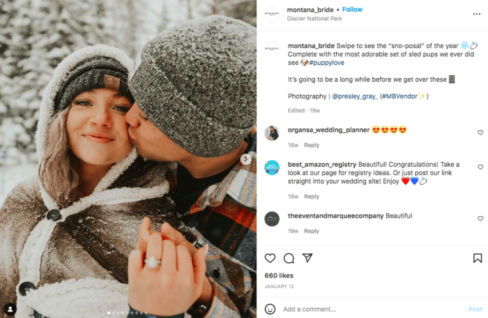 photo of couple with snowprosal engagement caption