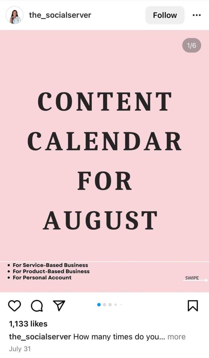 content calendar example by the social server