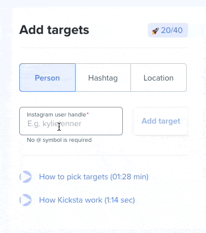 adding targets in Kicksta dashboard GIF