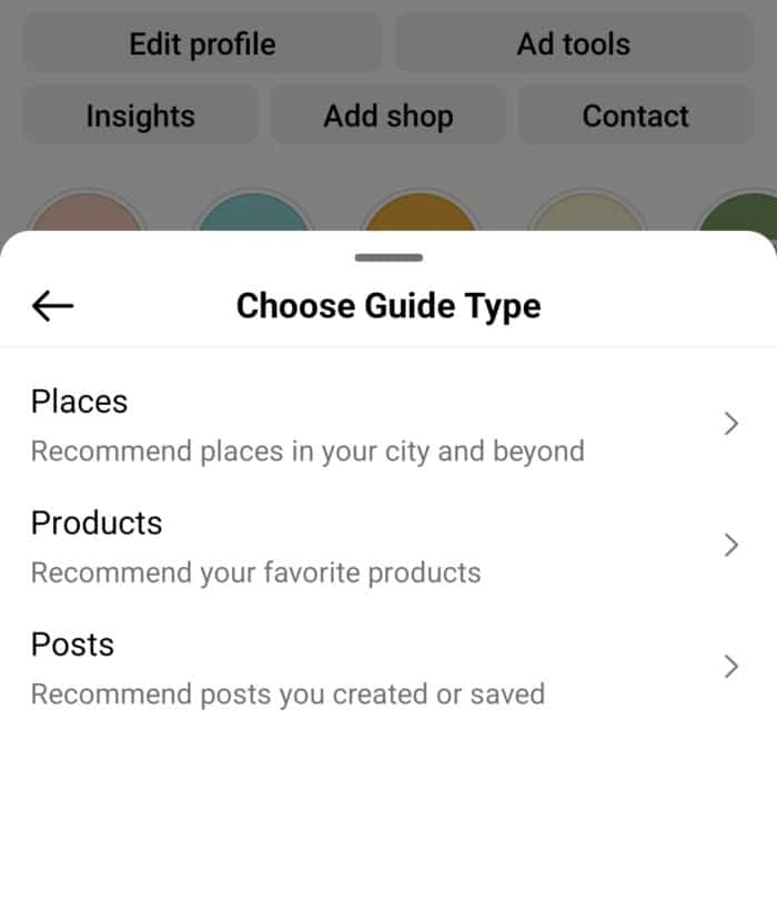 Choose guide type - places, products, posts