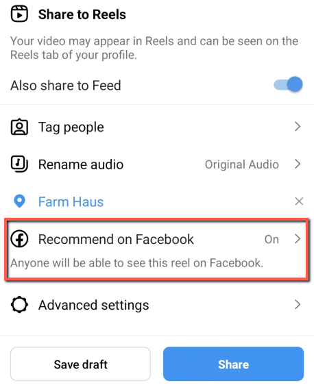 facebook share feature on instagram reels