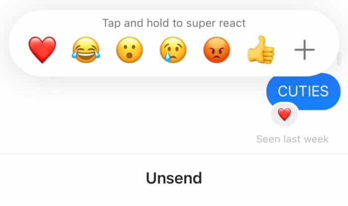 Screenshot of Instagram "unsend" option