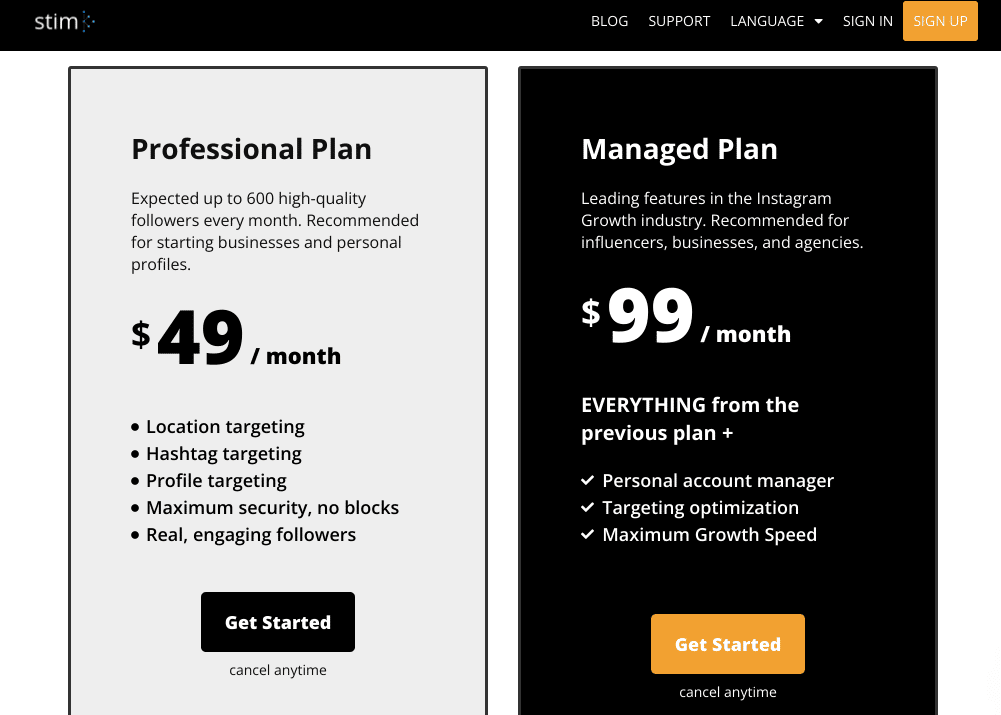 Stim Social pricing