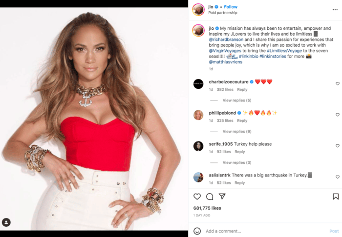 Jennifer Lopez Virgin Voyages partnership instagram photo