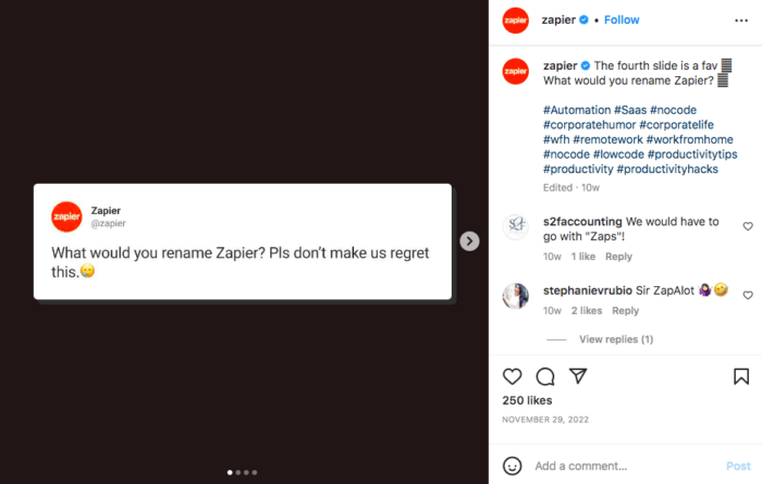 photo of brand Zapier renaming game on instagram