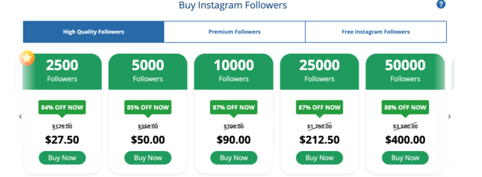 Instafollowers pricing table for purchasing Instagram followers