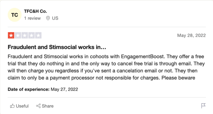 stimsocial review on trustpilot by TFC&H Co.
