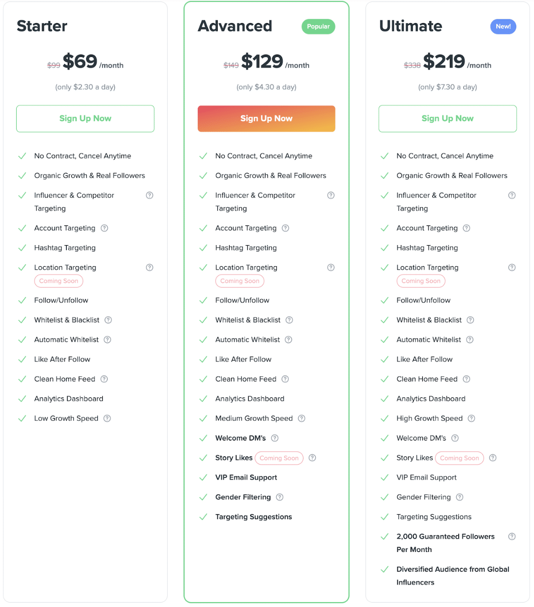 Kicksta pricing screenshot