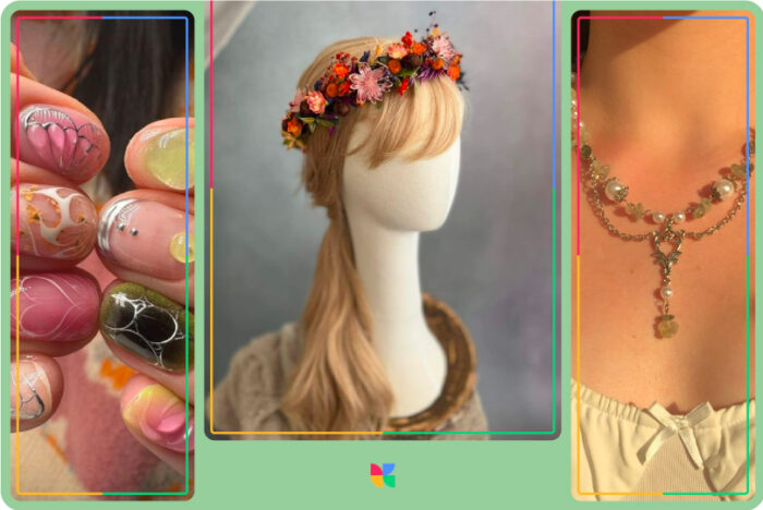 fairycore aesthetic details: nails, hairstyle, accessories.