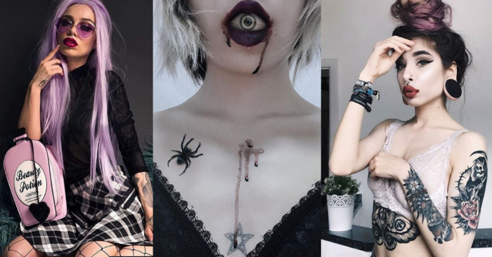 goth girl aesthetic, tattoos, ear holes. 