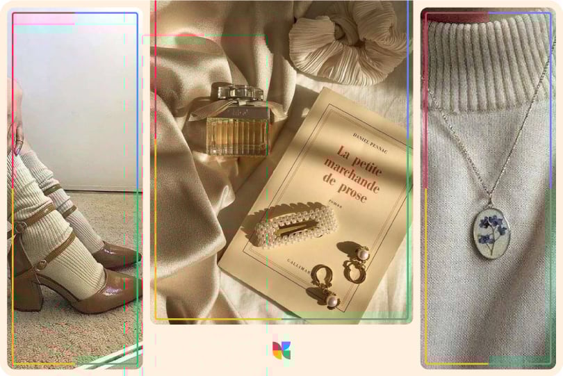 light academia aestehtic girl details, heels, perfume, accessories