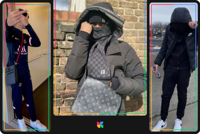 roadman boy style wearing black sporty cloth and expensive bags