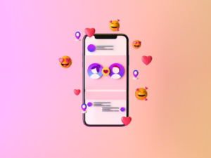 phone mockup with digital react icons, hearts, smiles