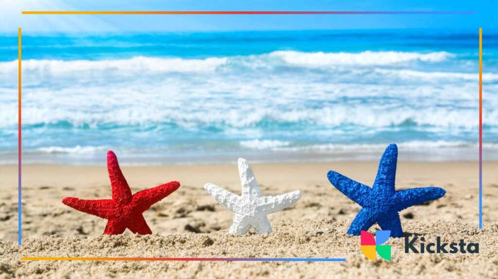 Red, white, and blue starfish on beach